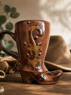 Brown Ceramic Collectable Cowboy Boot Mug - Decorative Home Dining Mug
